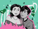 In an article about the Spotify orginal podcast "Obsessed," cartoon versions of comedians Benito Skinner and Mary Beth Barone pose together against a green background.