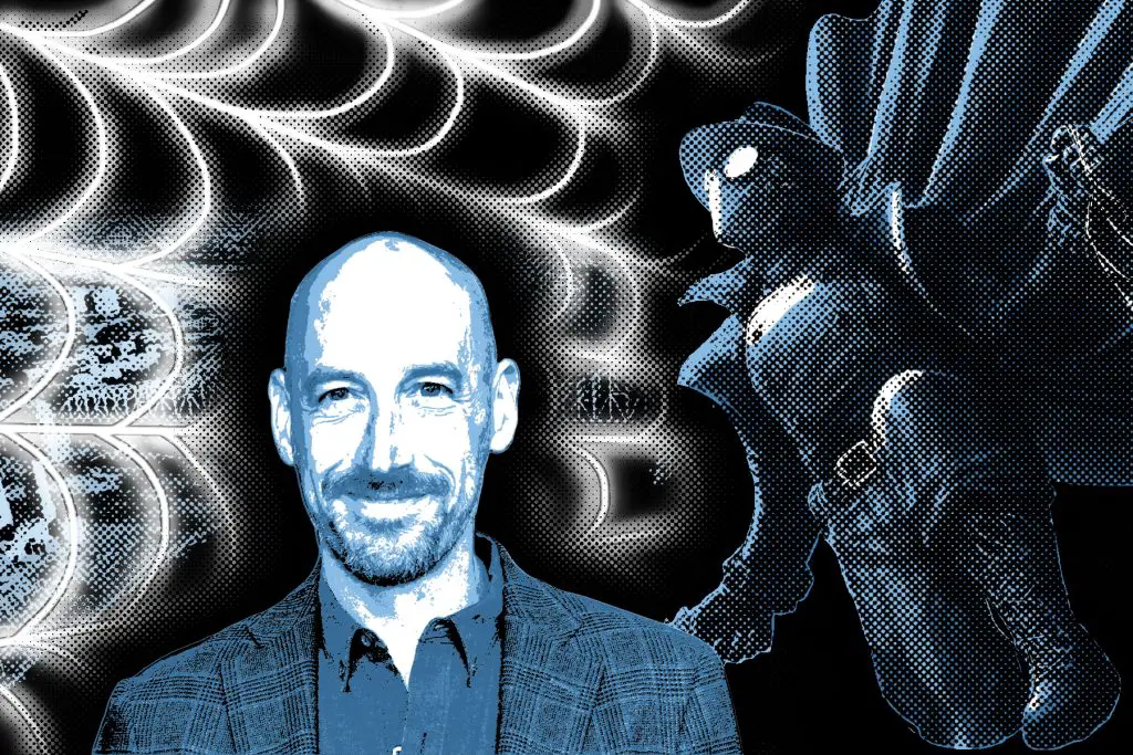 In an article about the upcoming live-action Spider-Man Noir TV show, art of the director and the titular character against a webbed background.