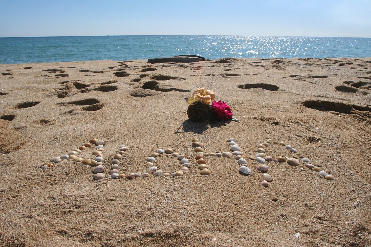 A tourism photo of a Hawaiian beach displaying the word "ALOHA" written on the beach with shells.