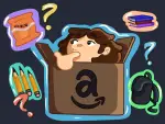 A drawing of a student emerging from an Amazon box, imagining various supplies they may buy.