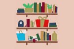 An illustration of three wall shelves holding books, gifts and other items book lovers might have.