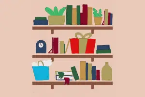 An illustration of three wall shelves holding books, gifts and other items book lovers might have.