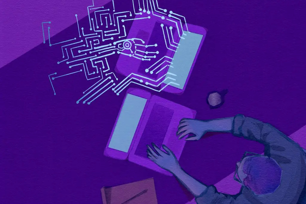 An image in hues of purple and blue framing a scene from above. A man types at a computer with a cup of coffee beside him. Typing at a computer facing away from the man is a series of computer circuits that form a hand, representing the AI software ChatGPT.