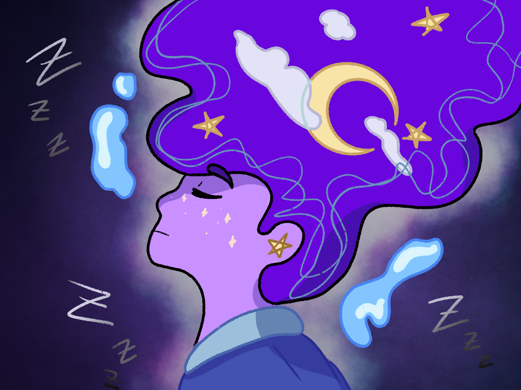 In an article about dream interpretation, a purple-haired person sleeps at night imagining clouds and a crescent moon.