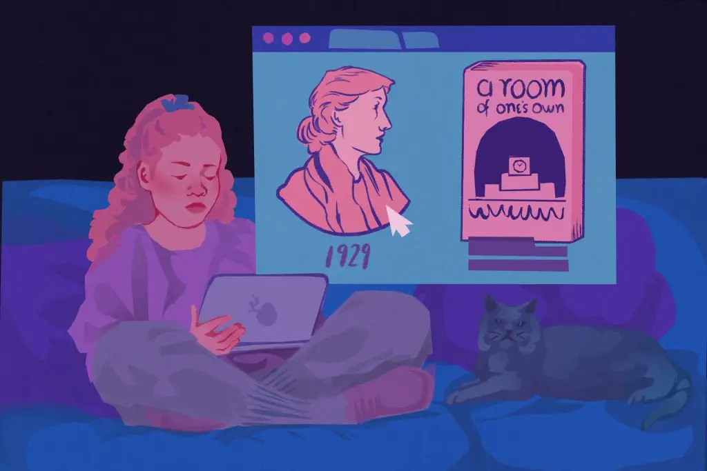 A young girl sits cross legged on a couch, with a cat sitting next to her. She is looking at a computer held in her lap, which displays a blue web page with a stylized image of Virginia Woolf alongside the author's book "A Room of One's Own."