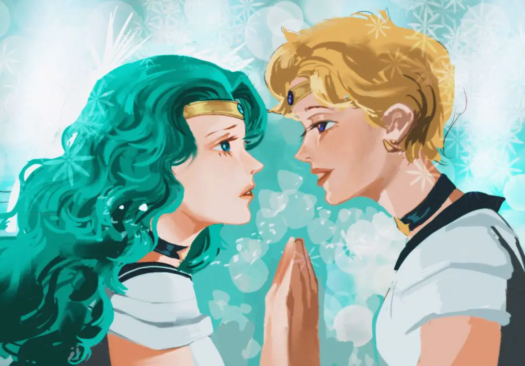 Two anime-style illustrated magical girls gaze lovingly into each other's eyes, touching hands.