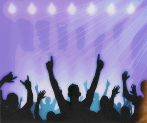 In an article about house music, a club full of silhouettes rocks out in front of a purple background.