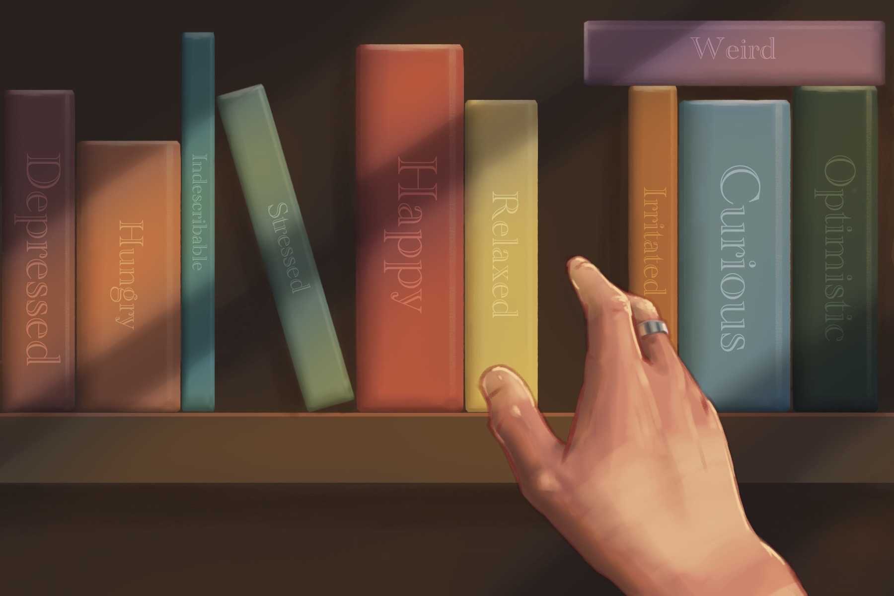 An illustration of a hand reaching up a bookcase full of books each labeled by a mood.