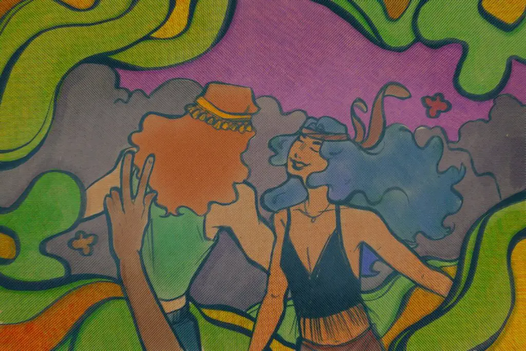 In an article about Woodstock, an artistic rendition of several festival-goers.