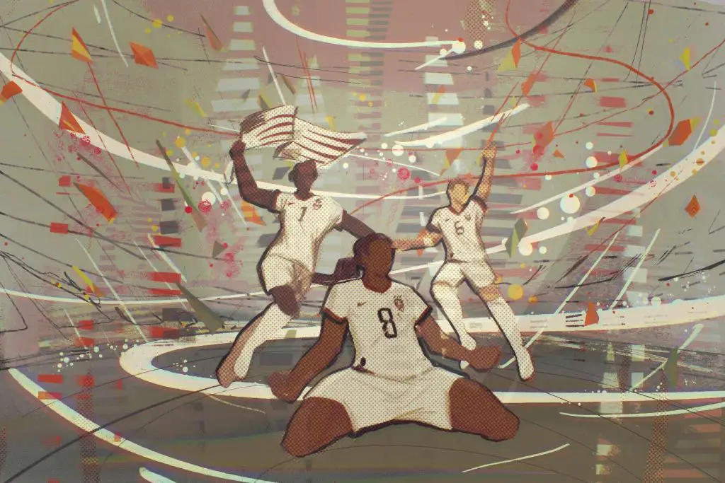 In an article about the rising popularity of soccer in the US, a drawing of a victorious US Men's team at a World Cup match.