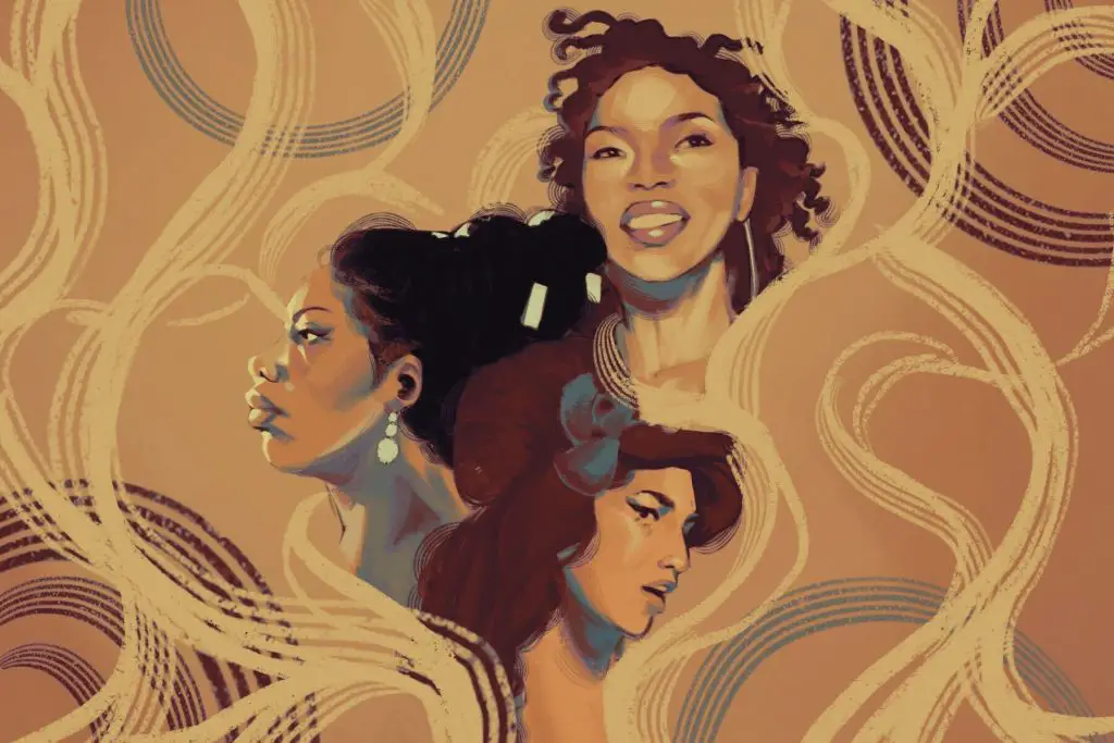 In an article about female artists, a swirling background with the faces of Nina Simone, Amy Winehouse and Lauryn Hill in the foreground.