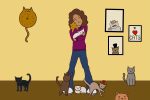 In an article on the history of the crazy cat lady is an illustration of a girl embracing a cat and surrounded by cats.