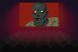 A crowd of people in a movie theater viewing a zombie on the big screen.