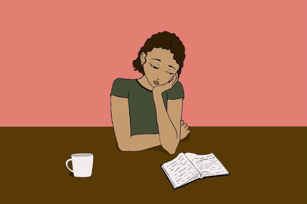 In an article about short stories to fix your reading slump, a drawing of a girl bored with her book.