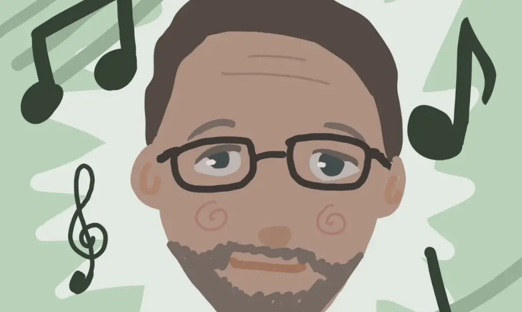 An illustration of John Carney with musical notes surrounding his face.
