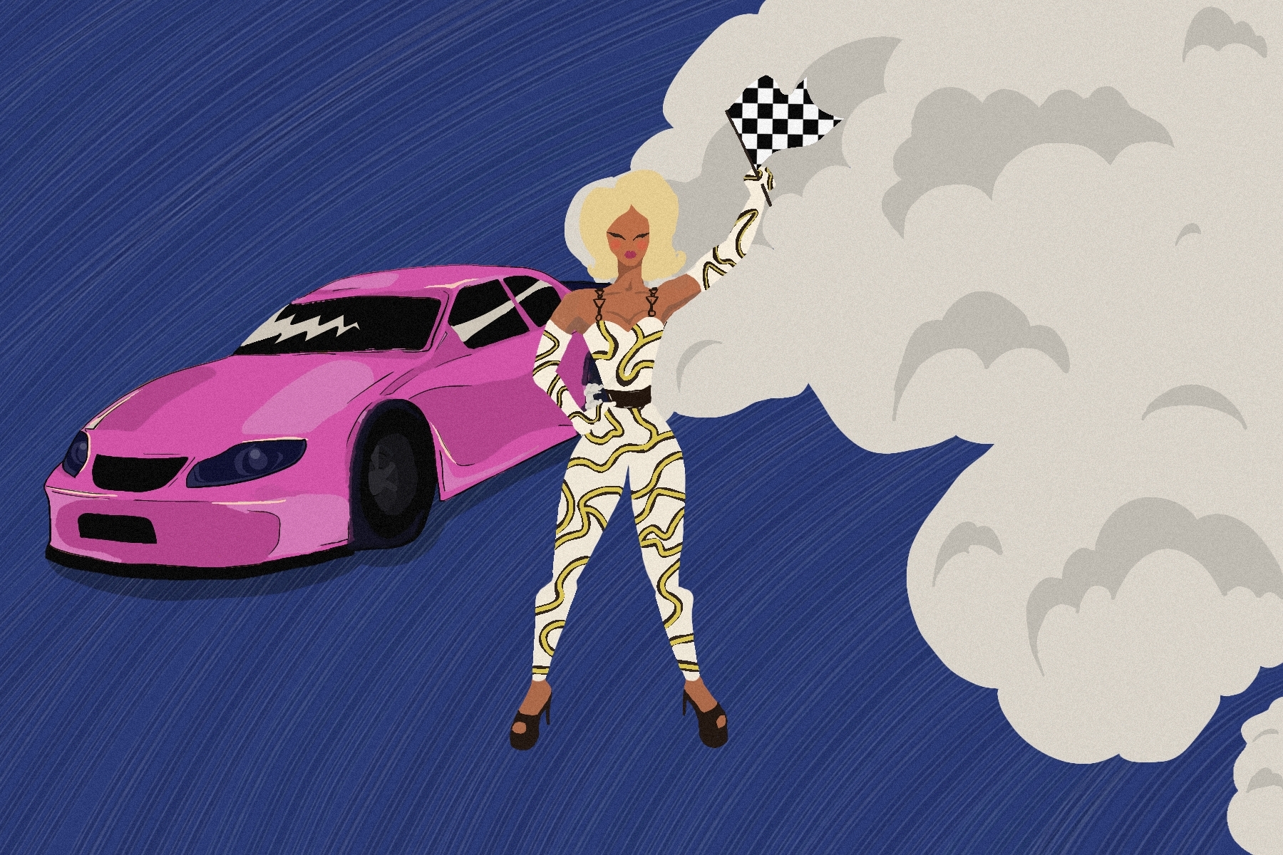 RuPaul stands in front of a drag-racing purple sports car.
