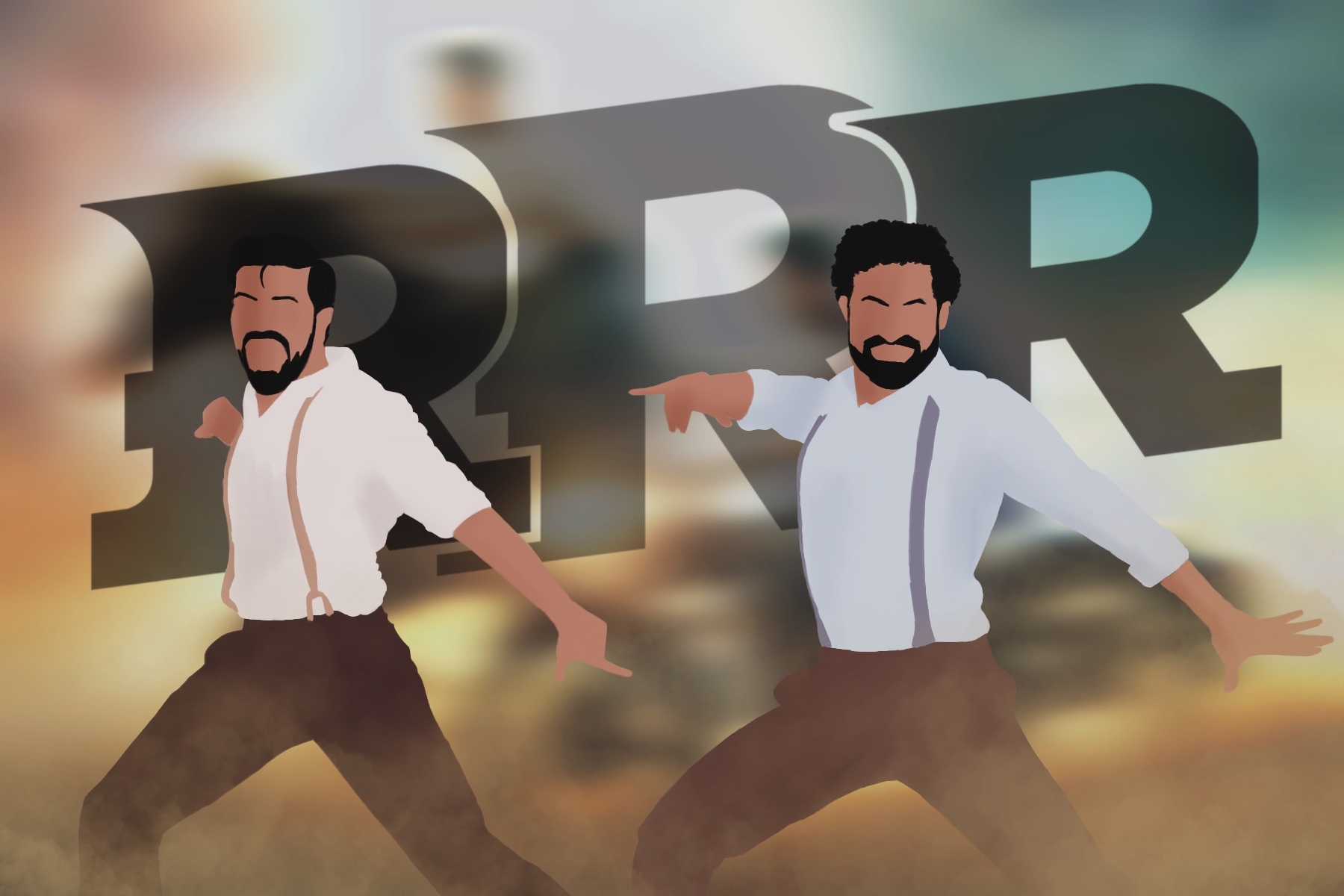 Two bearded men wearing pale shirts, brown pants and suspenders strike energetic dance poses before the large letters "RRR."