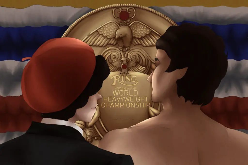In an article about the 1976 "Rocky" film, an illustration depicts lead protagonists Rocky and Adrian looking at one another and facing a blue, white, and red background with a large gold medal that states "World Heavyweight Championship."