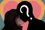 In an article about soft launching your significant other on social media, a woman kisses a genderless human outline with a question mark in it.