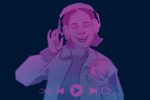 In an article on creating the perfect Spotify playlist, is an all-purple illustration of a girl wearing headphones and holding her phone.