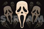 An array of off-white elongated skull masks of varying opacity overlayed over the bolded white word 'Scream' and a black background.