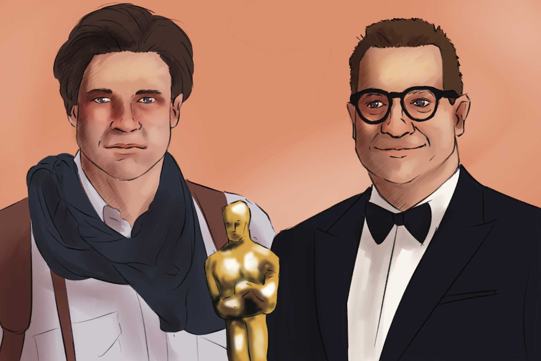 On the left of the image is Brendan Fraser wearing a white shirt with suspenders and a dark scarf - his costume from the movie 'The Mummy.' To the right is Brendan Fraser wearing a black tuxedo with a bowtie and glasses. In between the two figures is a golden Oscars statue.