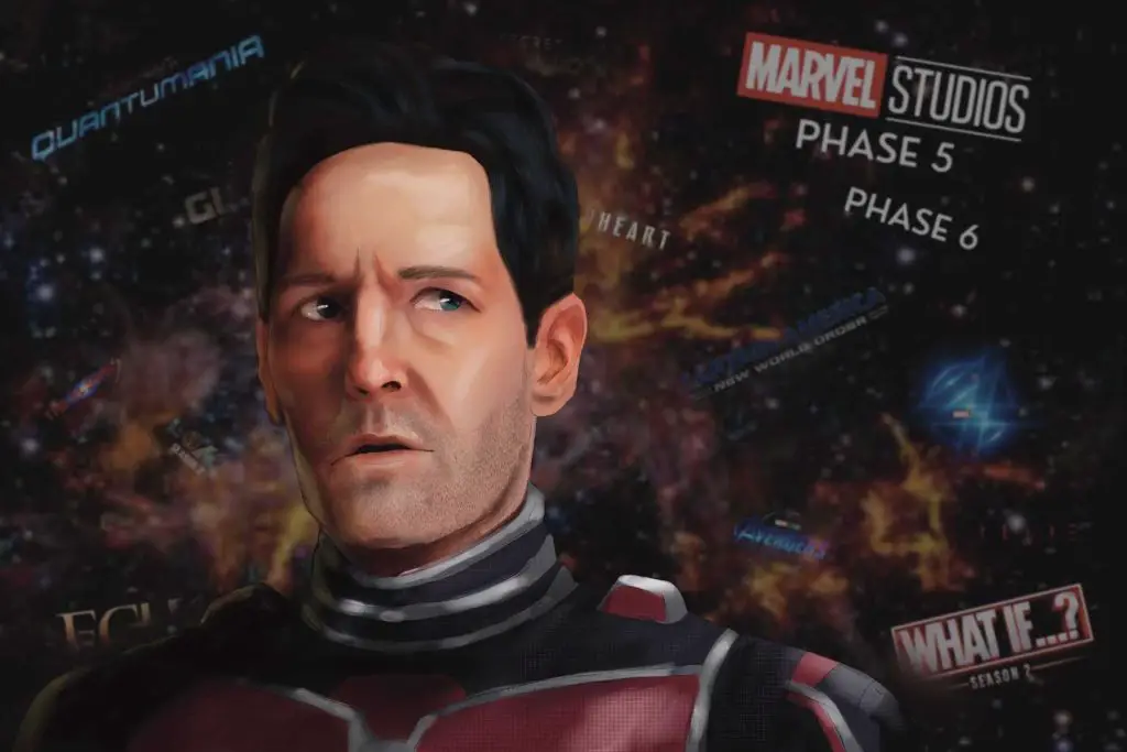 An illustration of Paul Rudd as Ant-Man being haunted by his responsibility to the Marvel universe.