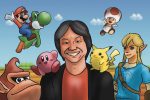 Shigeru Miyamoto, a man wearing a red shirt and black blazer, smiles surrounded by video game characters Mario, Toad, Pikachu, Link, Donkey Kong, Yoshi, and Kirby.