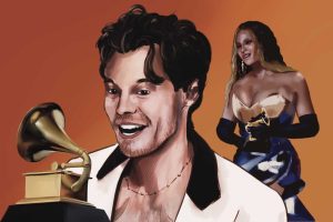 In an article on award shows is a graphic that shows Harry Styles and Beyonce holding their Grammy awards against an orange background.