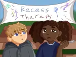 In an article on the Instagram account recess therapy is an illustration that shows two kids talking on a bench with a banner behind them that says "Recess Therapy."