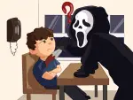 In an article on horror movies is an illustration of Ghostface holding a bloody knife against a man's neck. However, the man has an unbothered expression and Ghostface is confused at this lack of fear, a question mark beside his face.