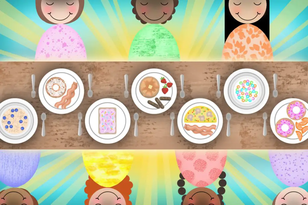 In an article about eating healthy breakfasts, a drawing of plates of various popular breakfast options.