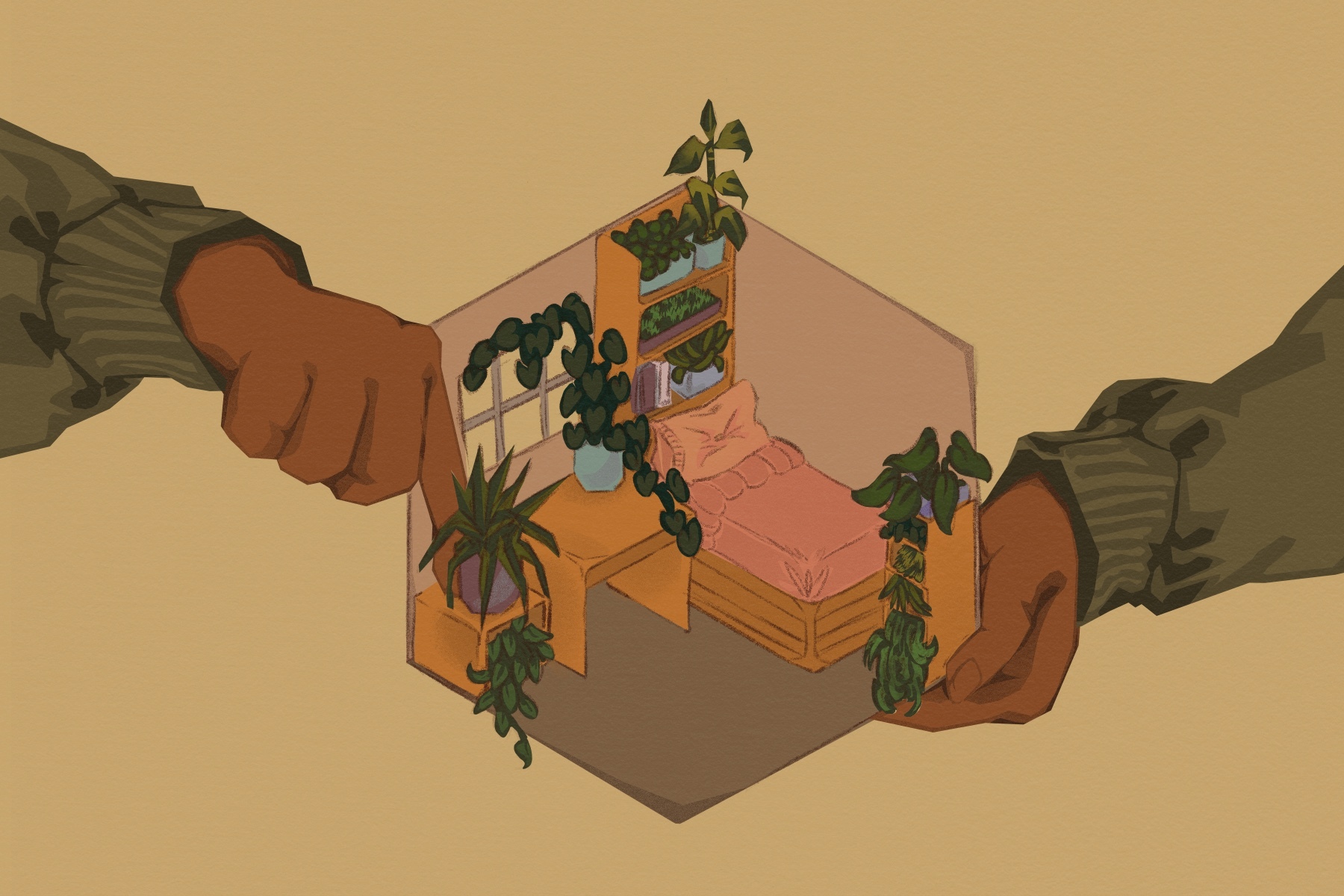 In an article about indoor gardening, a pair of hands hold a cross section of a bedroom, which contains a pink bed, a bookshelf, and a desk, and is full of green plants.