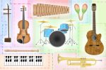 In an article about the benefits of learning a musical instrument, the image displays an array of instruments in bright colors.