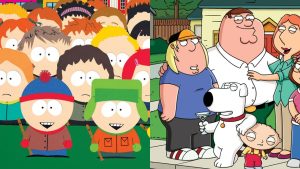 The image, which is split into two sides, displays the characters of 'South Park' on the left and the characters of 'Family Guy' on the right.