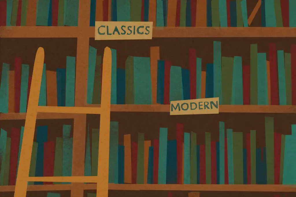 An illustration of a bookshelves full of modern classics.