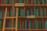 An illustration of a bookshelves full of modern classics.