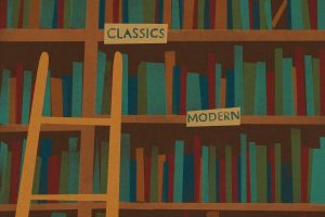 An illustration of a bookshelves full of modern classics.