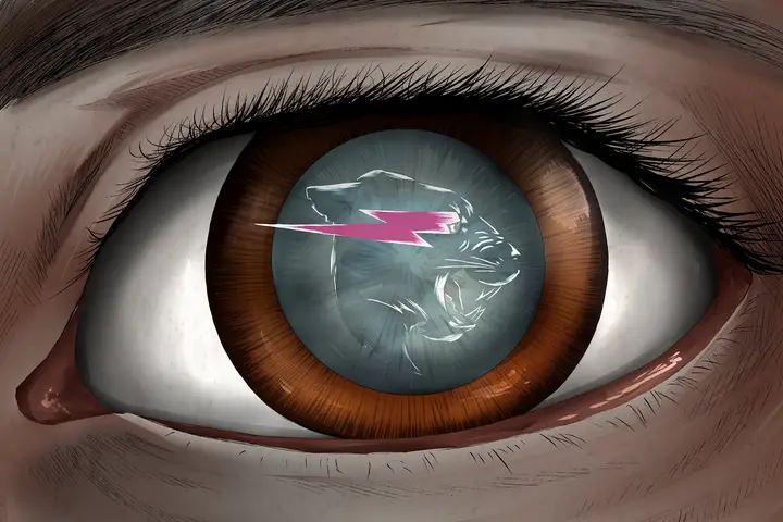 In an article on MrBeast's recent video on curing blindness is an illustration of a brown eye with a foggy pupil that has the MrBeast logo inside.