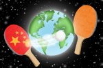 In an article about ping pong in China, two ping pong paddles are superimposed in front of the world, where they hit a ping pong ball back and forth.