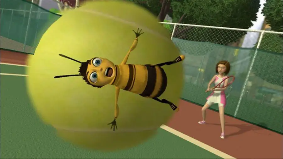 In an article on the "Bee Movie" is a screenshot from the film that shows Barry stuck on a tennis ball midair.