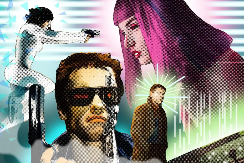 Many characters from tech noir works, including The Terminator and Blade Runner 2049.