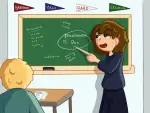 In an article about advice from a college senior, a senior-level students points to a blackboard while instructing a freshman on necessary things they need to know when entering college.