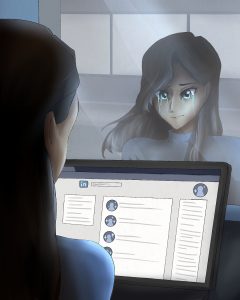 A woman looks at her LinkedIn page as her sad reflection stares back.