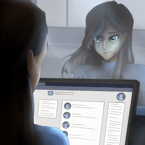 A woman looks at her LinkedIn page as her sad reflection stares back.
