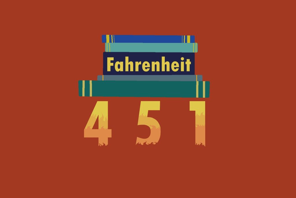 An illustration of Ray Bradbury's novel 'Fahrenheit 451' with flames burning the bottom cover.
