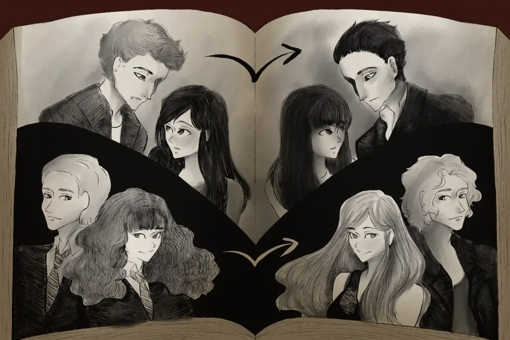 In an article about fanfictions being published, a black and white book depicts popular characters as inspiration for fanfictions.