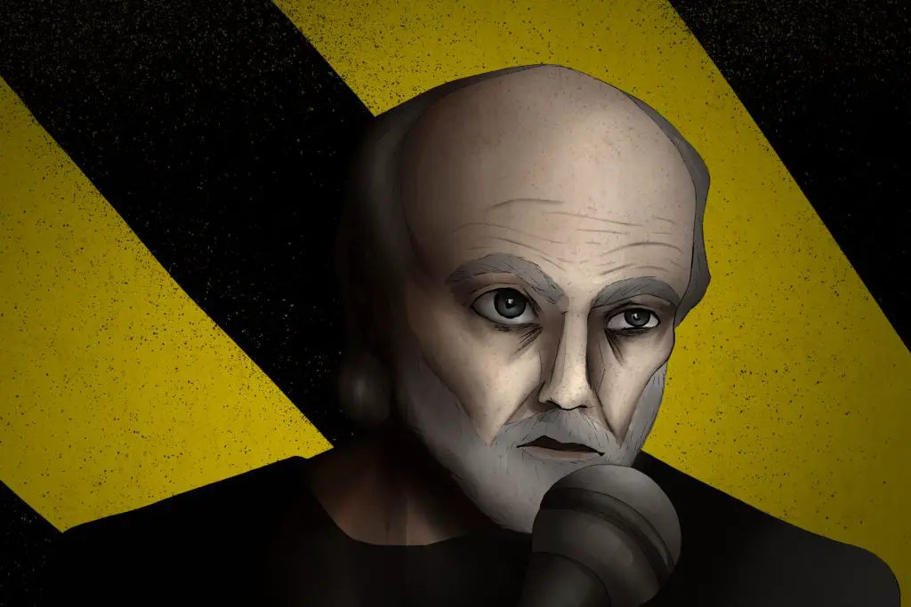 In an article paying tribute to Carlin's stand-up comedy is an artwork of George Carlin telling a joke against a yellow background.
