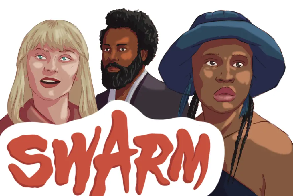In an article about the new Amazon Prime series "Swarm," a drawing of the characters played by guest star Billie Eilish and lead actress Dominique Fishback, as well as series creator Donald Glover.