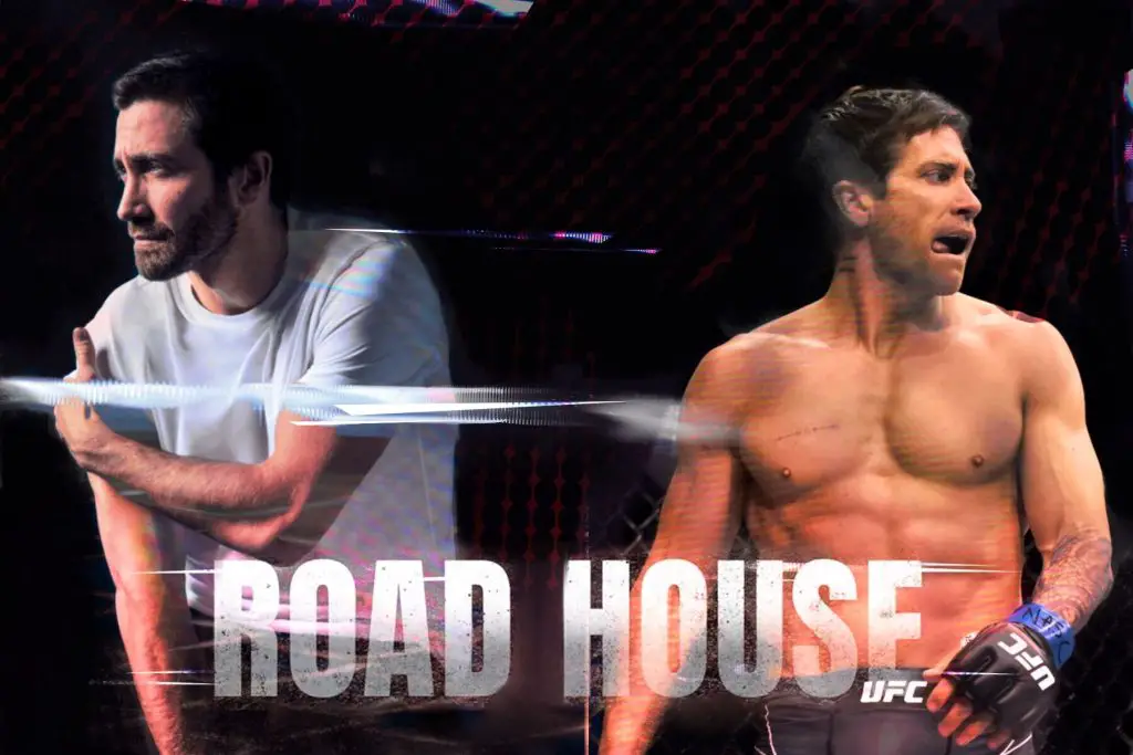 In an article about Jake Gyllenhaal's newest film "Roadhouse," the actor is portrayed in a tshirt on the left and a shirtless boxer on the right.
